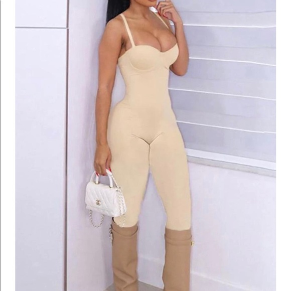 New Trendy Women’s Apricot Spaghetti Strap Push Up Bodycon Cami Jumpsuit - Picture 1 of 2